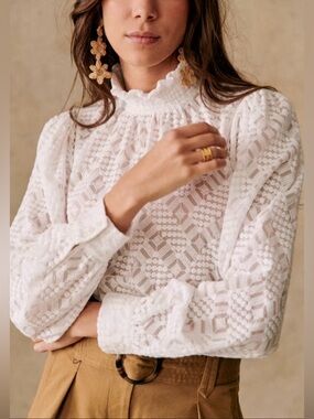 Sézane Shona High Neck Burnout Top in Ecru FR36